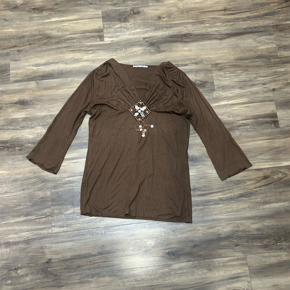 Boho Brown Women’s Long Sleeve Top With Embellishments